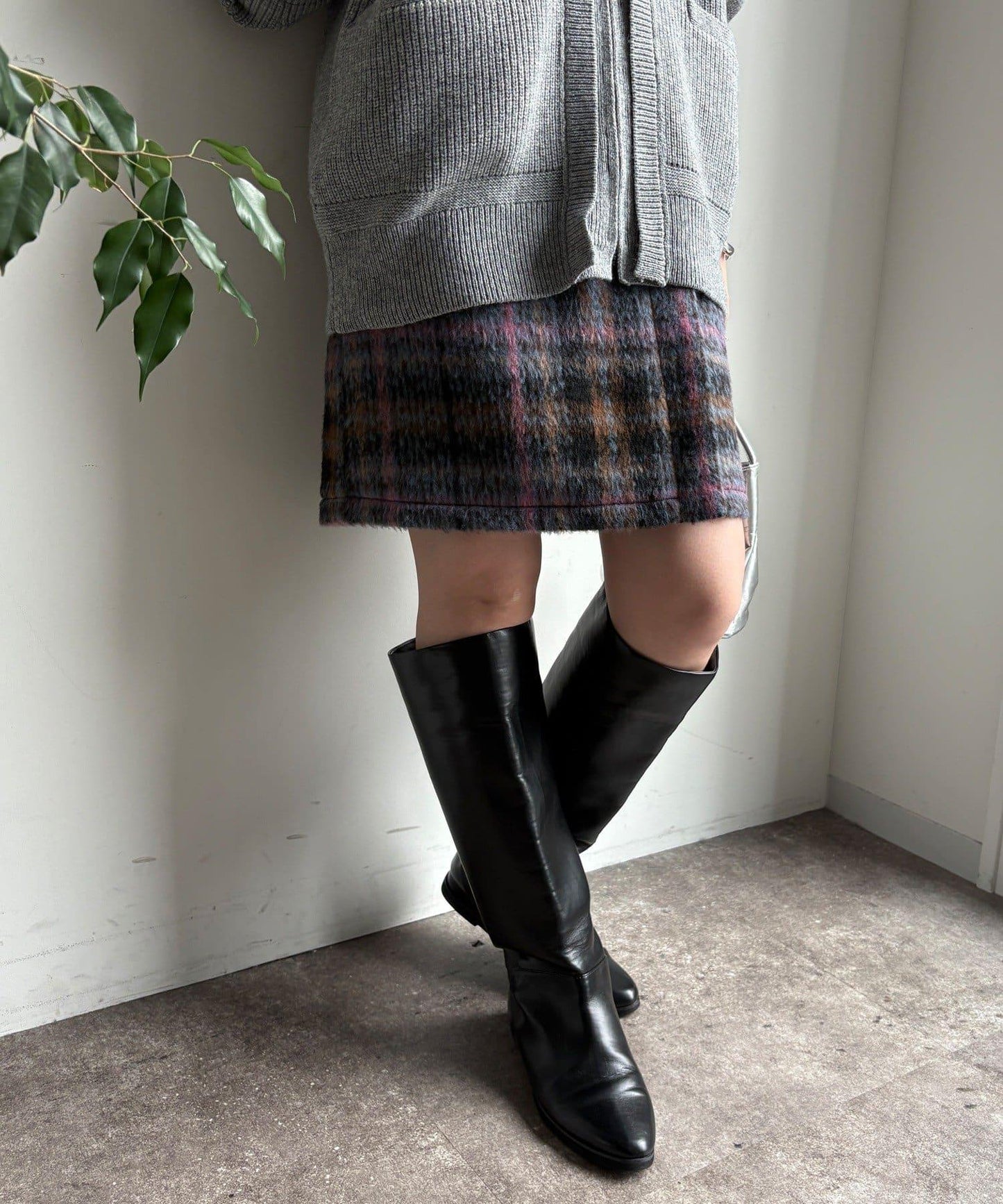 毛絨格紋迷你裙