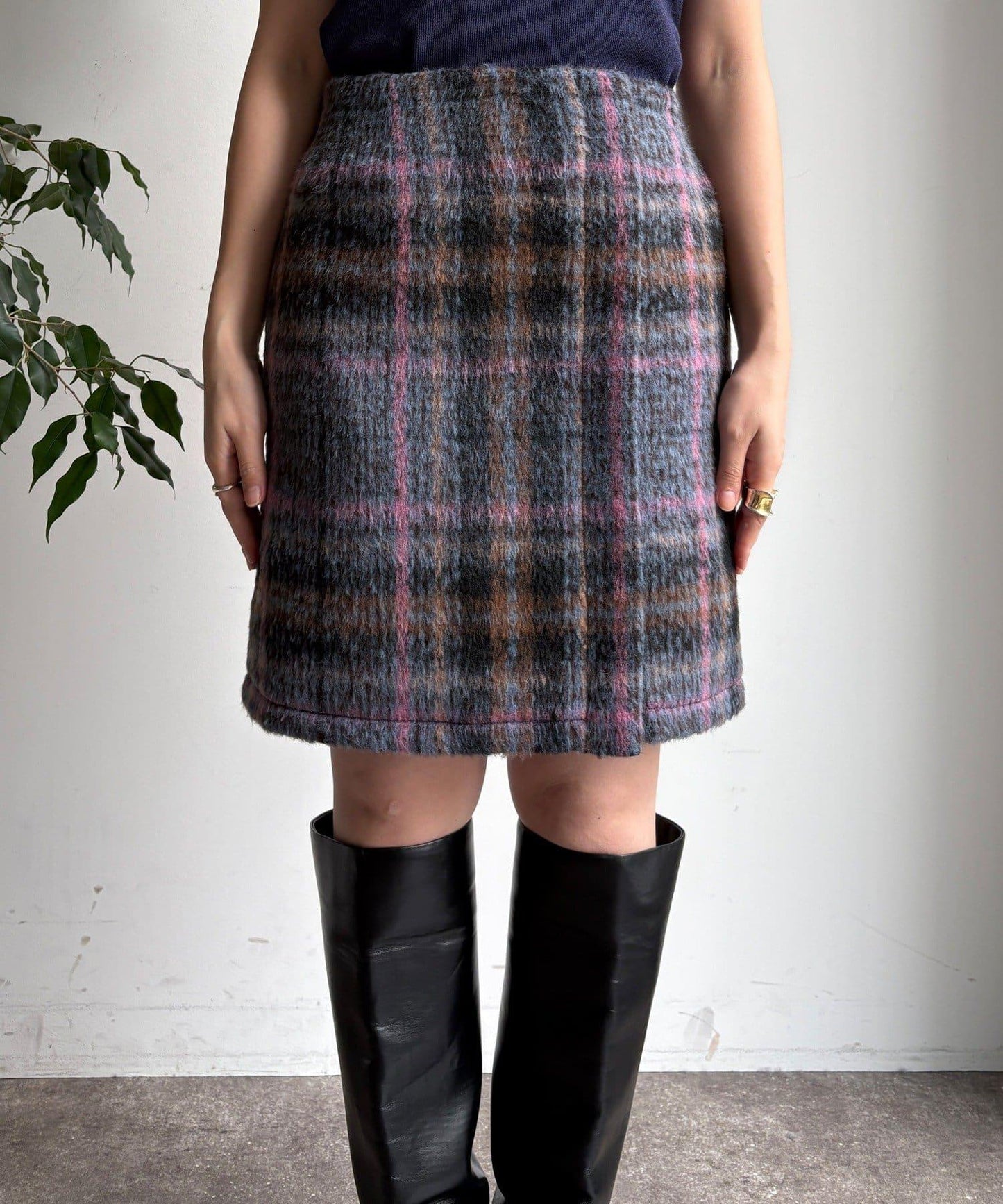 毛絨格紋迷你裙