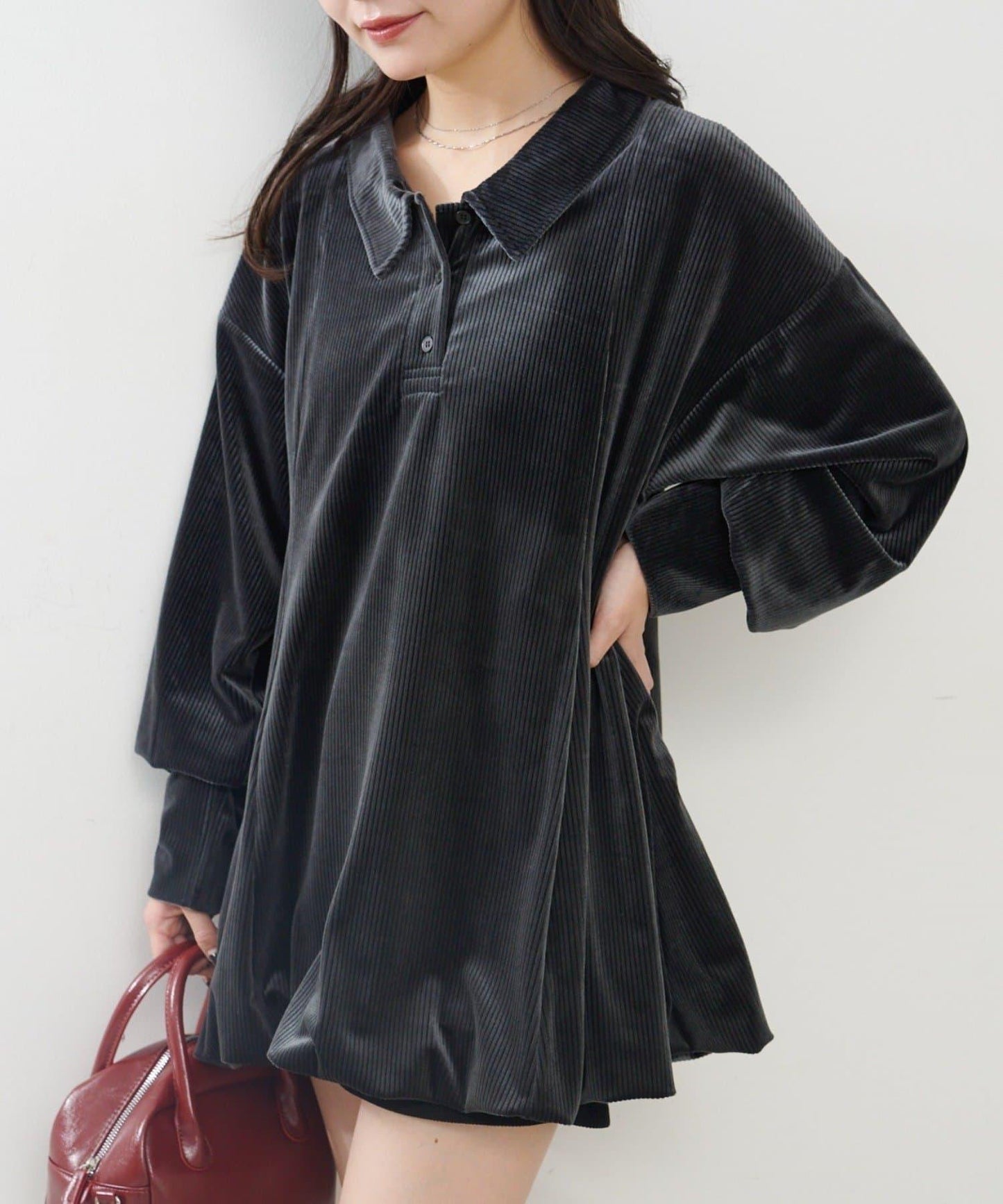 針織天鵝絨泡泡袖迷你連衣裙