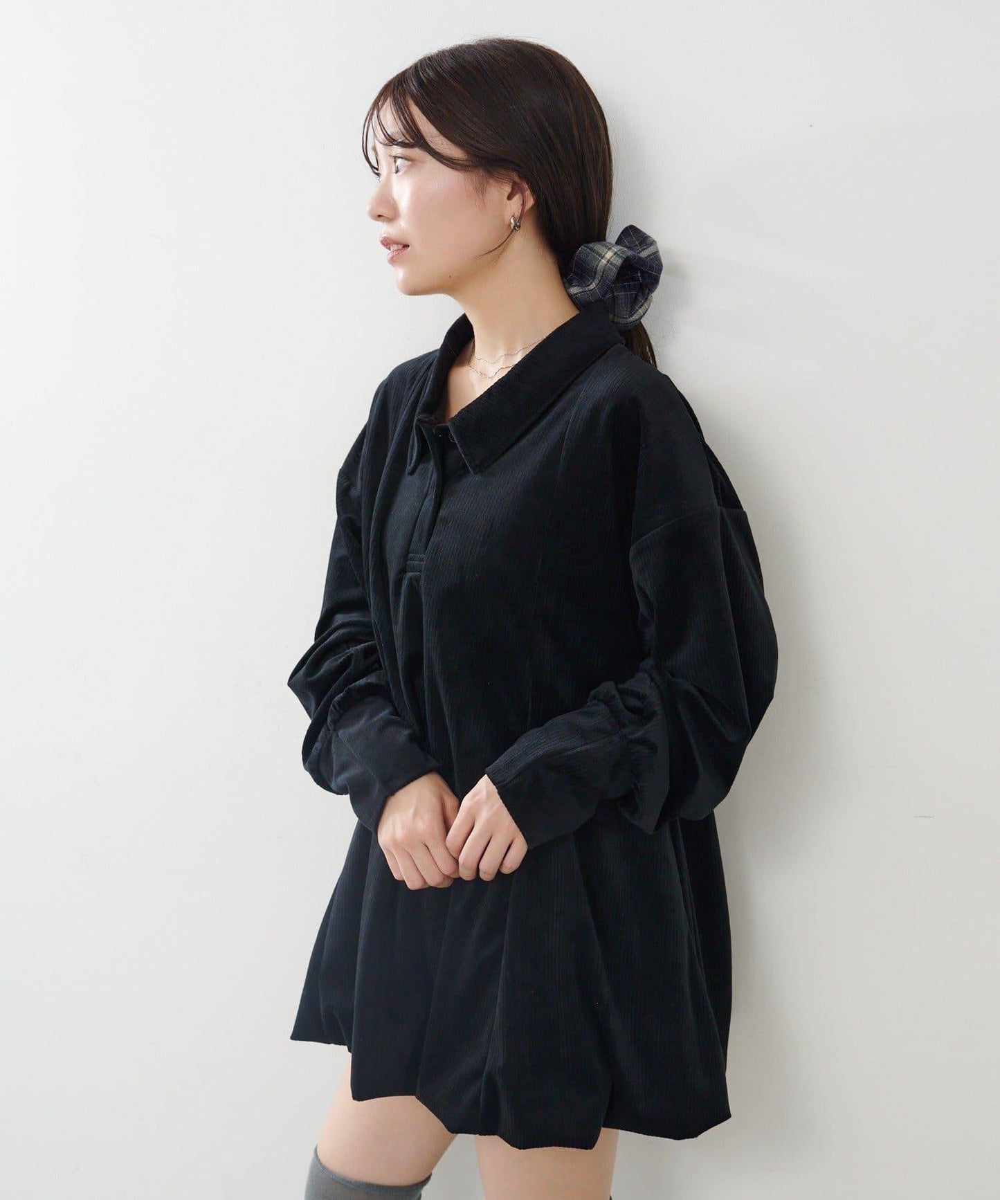 針織天鵝絨泡泡袖迷你連衣裙