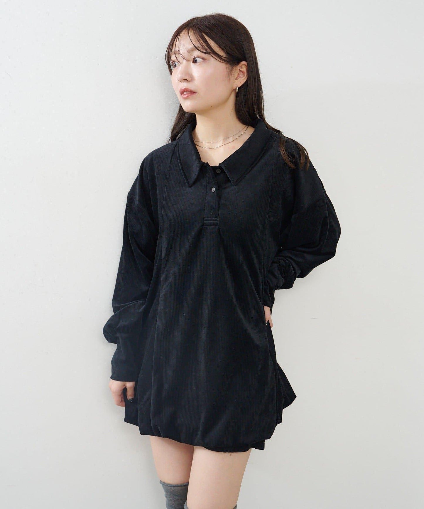 針織天鵝絨泡泡袖迷你連衣裙