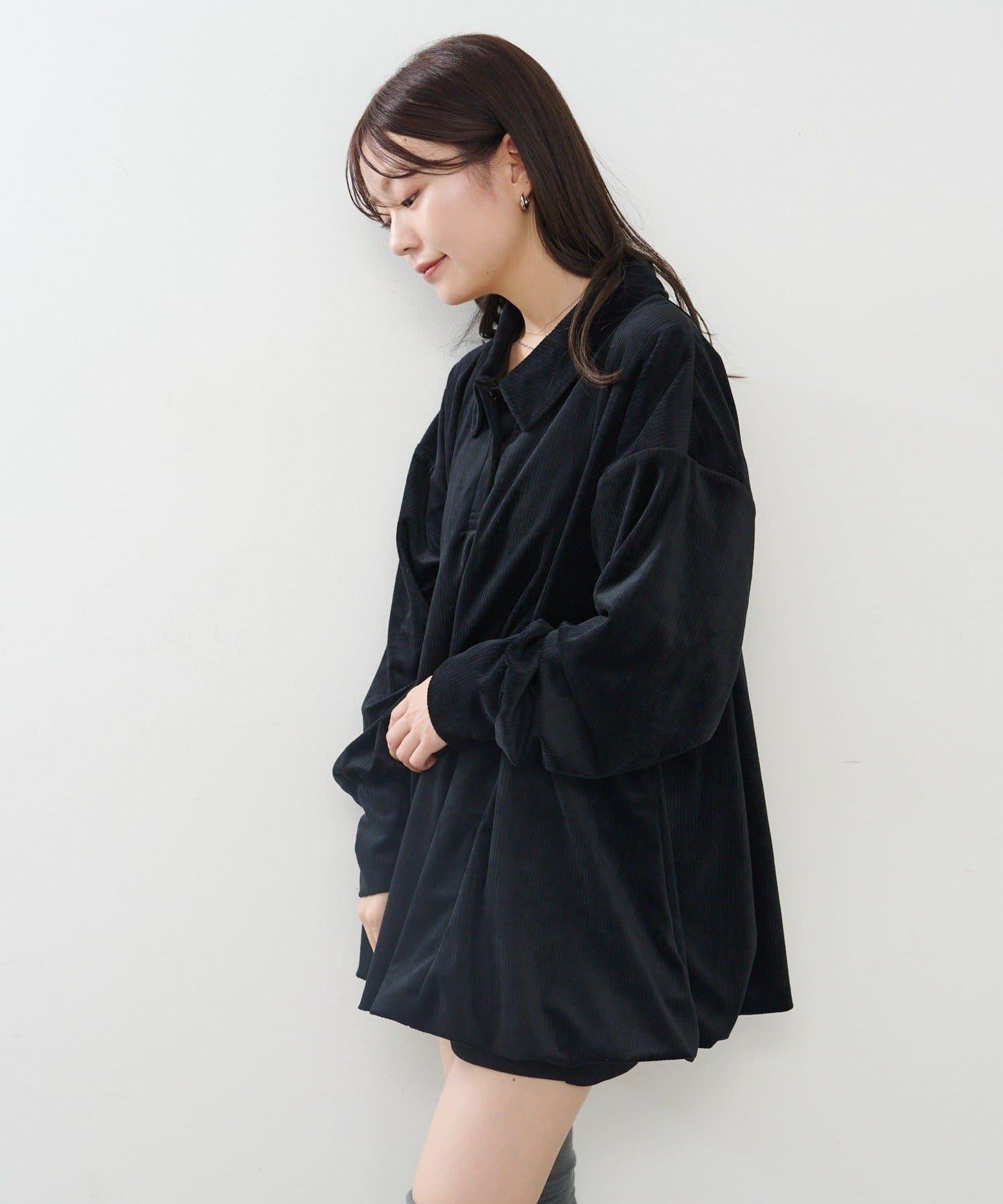 針織天鵝絨泡泡袖迷你連衣裙