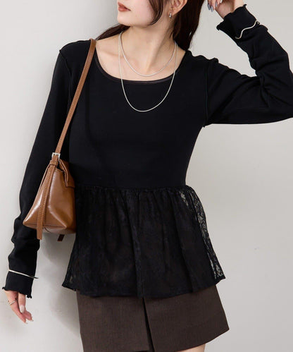 蕾絲拼接長袖T恤