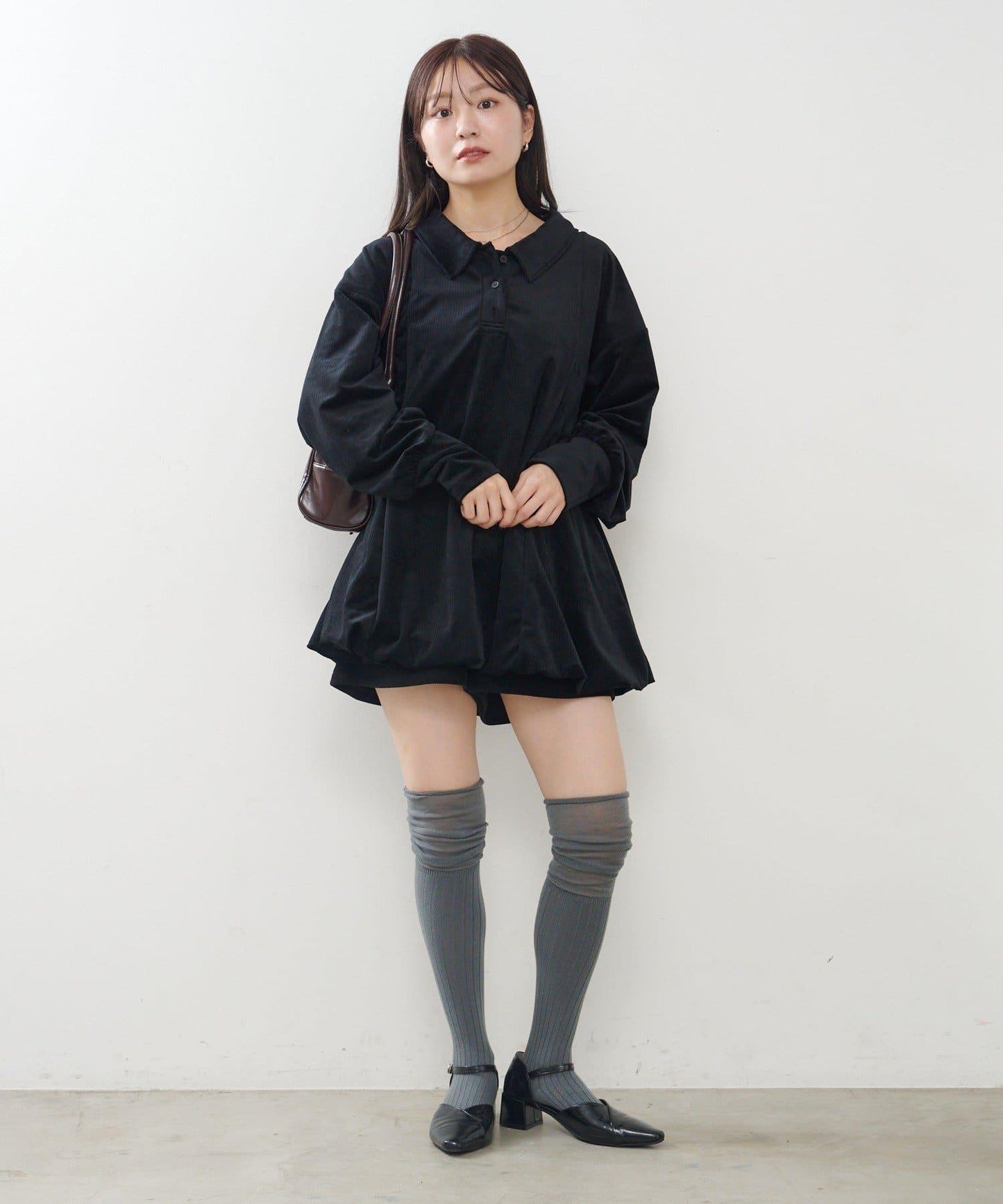 針織天鵝絨泡泡袖迷你連衣裙