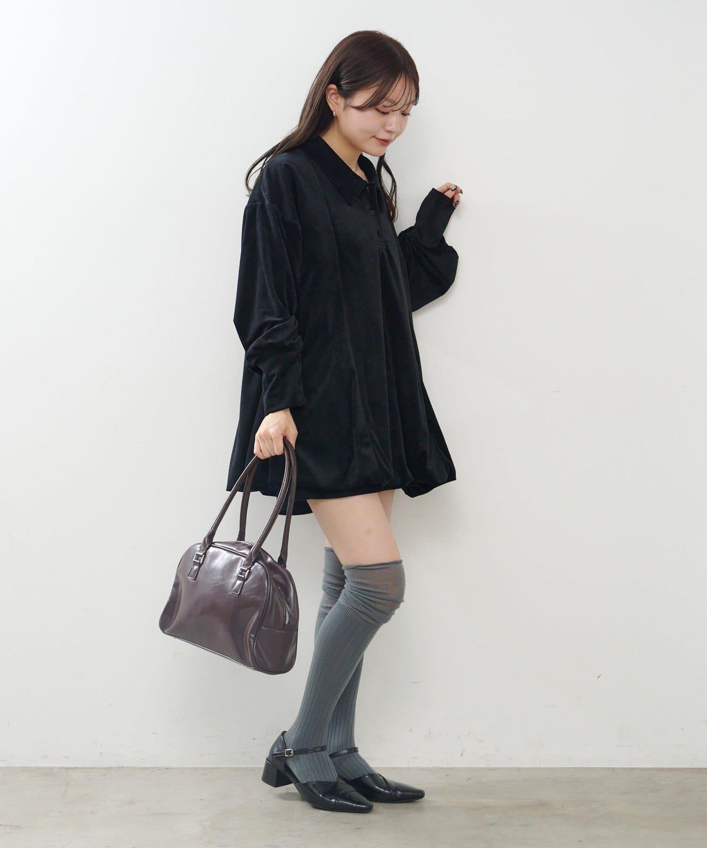 針織天鵝絨泡泡袖迷你連衣裙