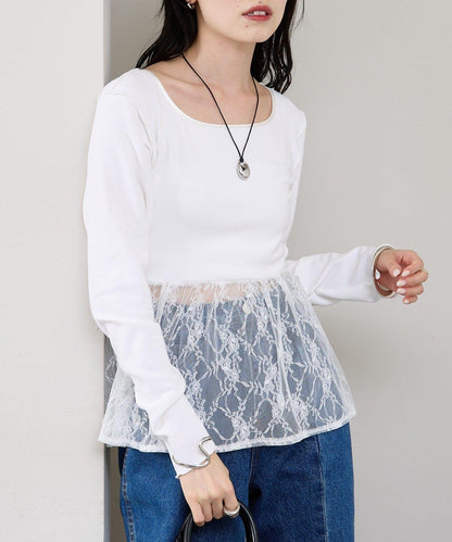 蕾絲拼接長袖T恤