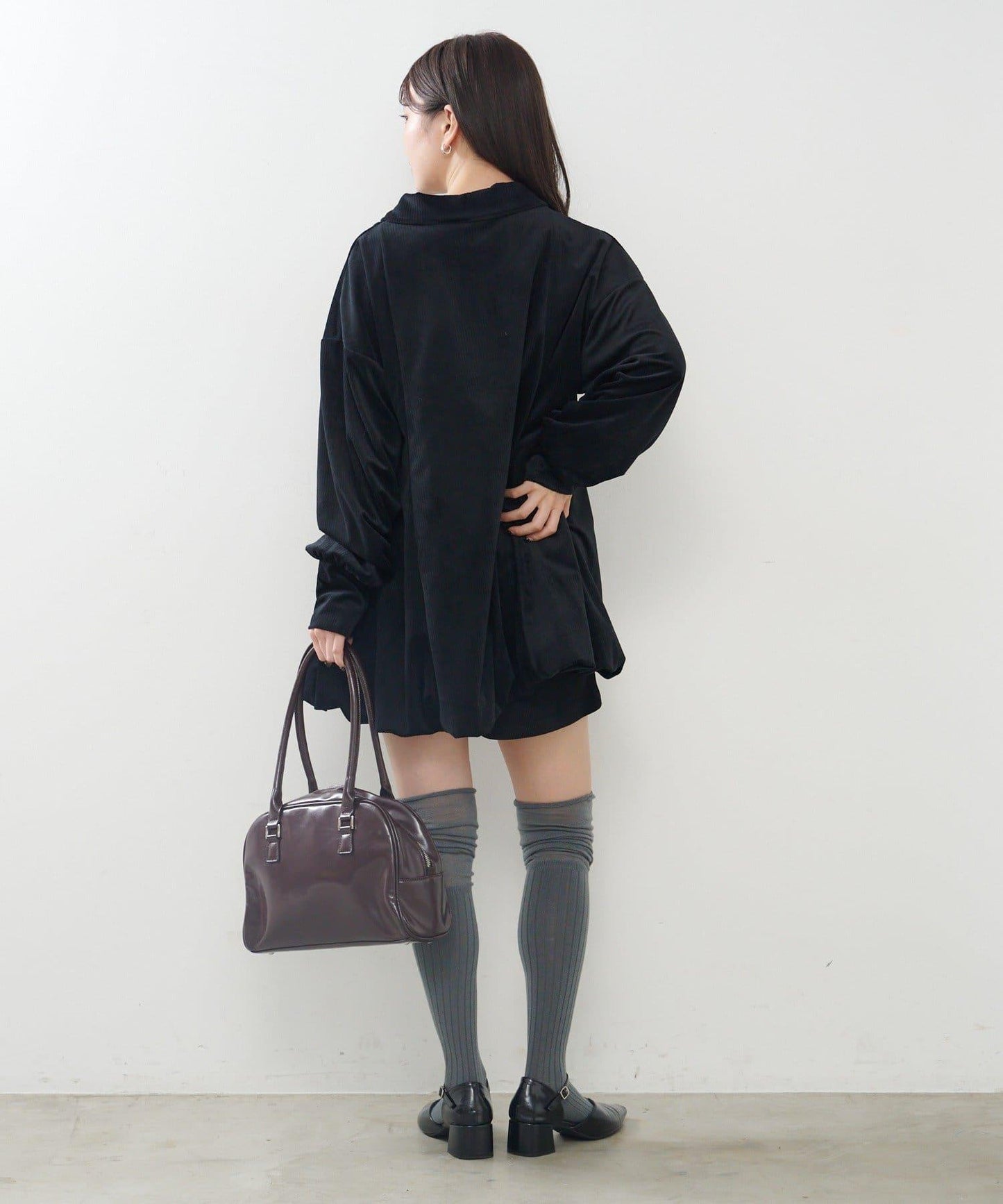 針織天鵝絨泡泡袖迷你連衣裙