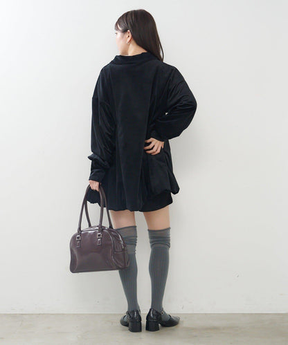 針織天鵝絨泡泡袖迷你連衣裙