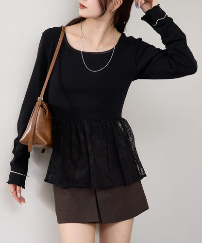 蕾絲拼接長袖T恤