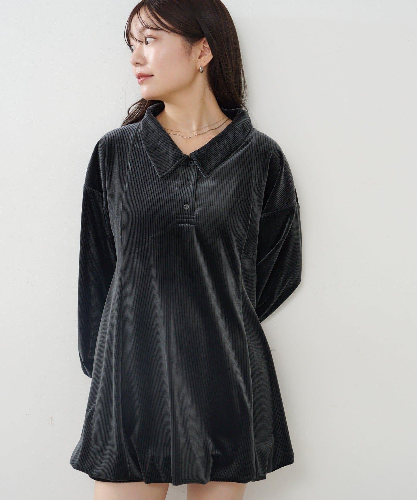 針織天鵝絨泡泡袖迷你連衣裙