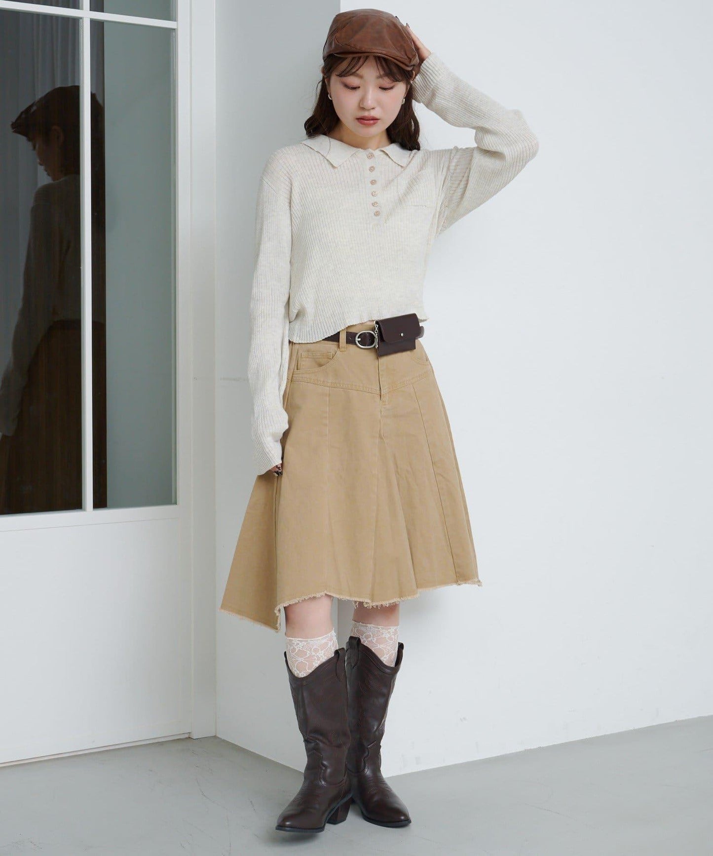 破洞不對稱中長裙