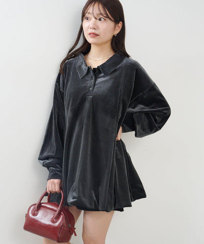 針織天鵝絨泡泡袖迷你連衣裙