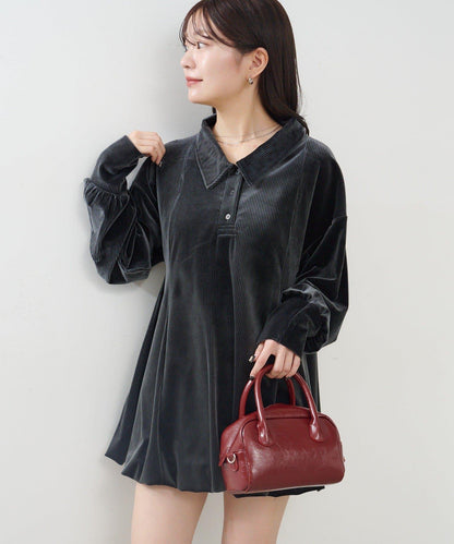 針織天鵝絨泡泡袖迷你連衣裙