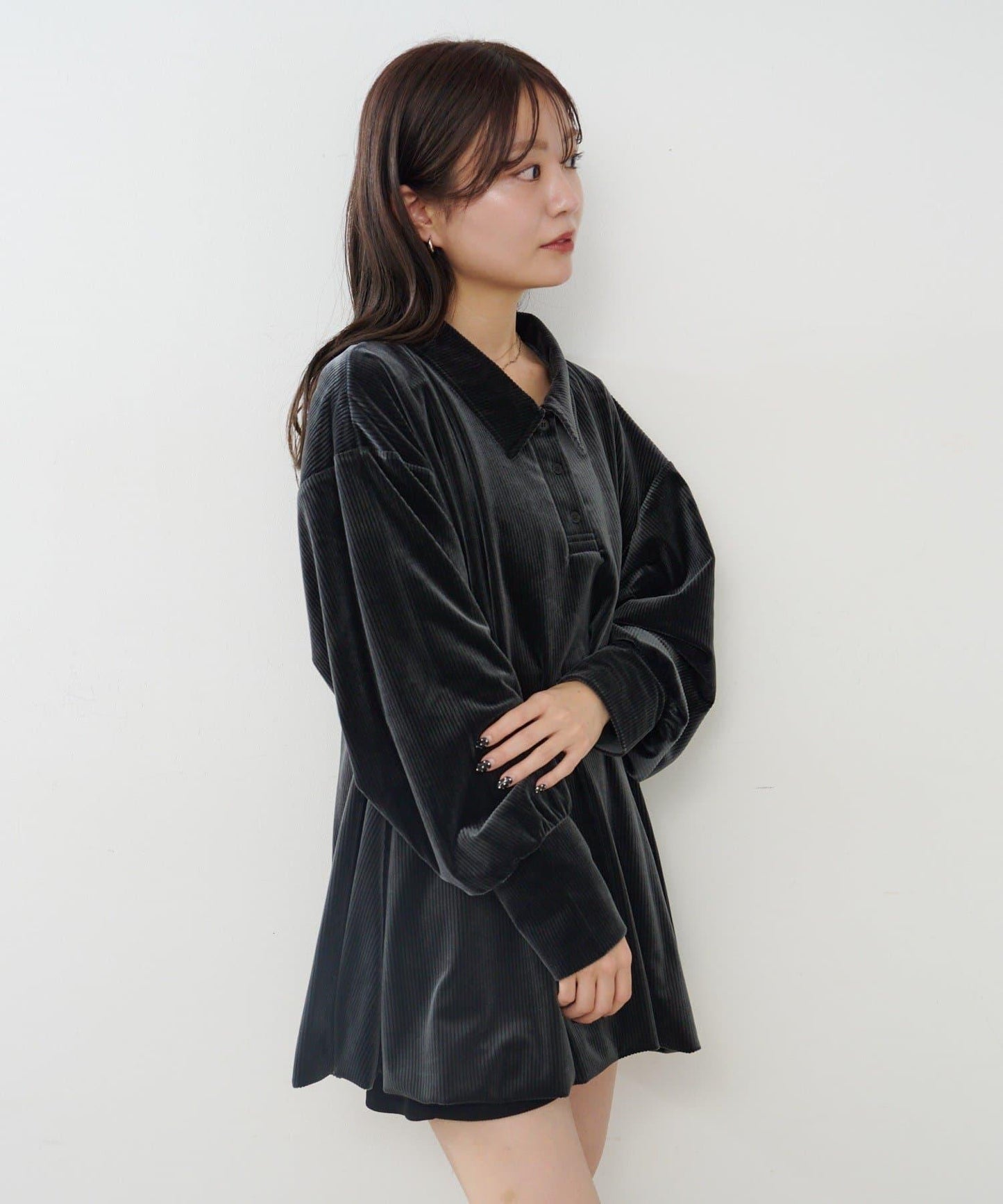 針織天鵝絨泡泡袖迷你連衣裙