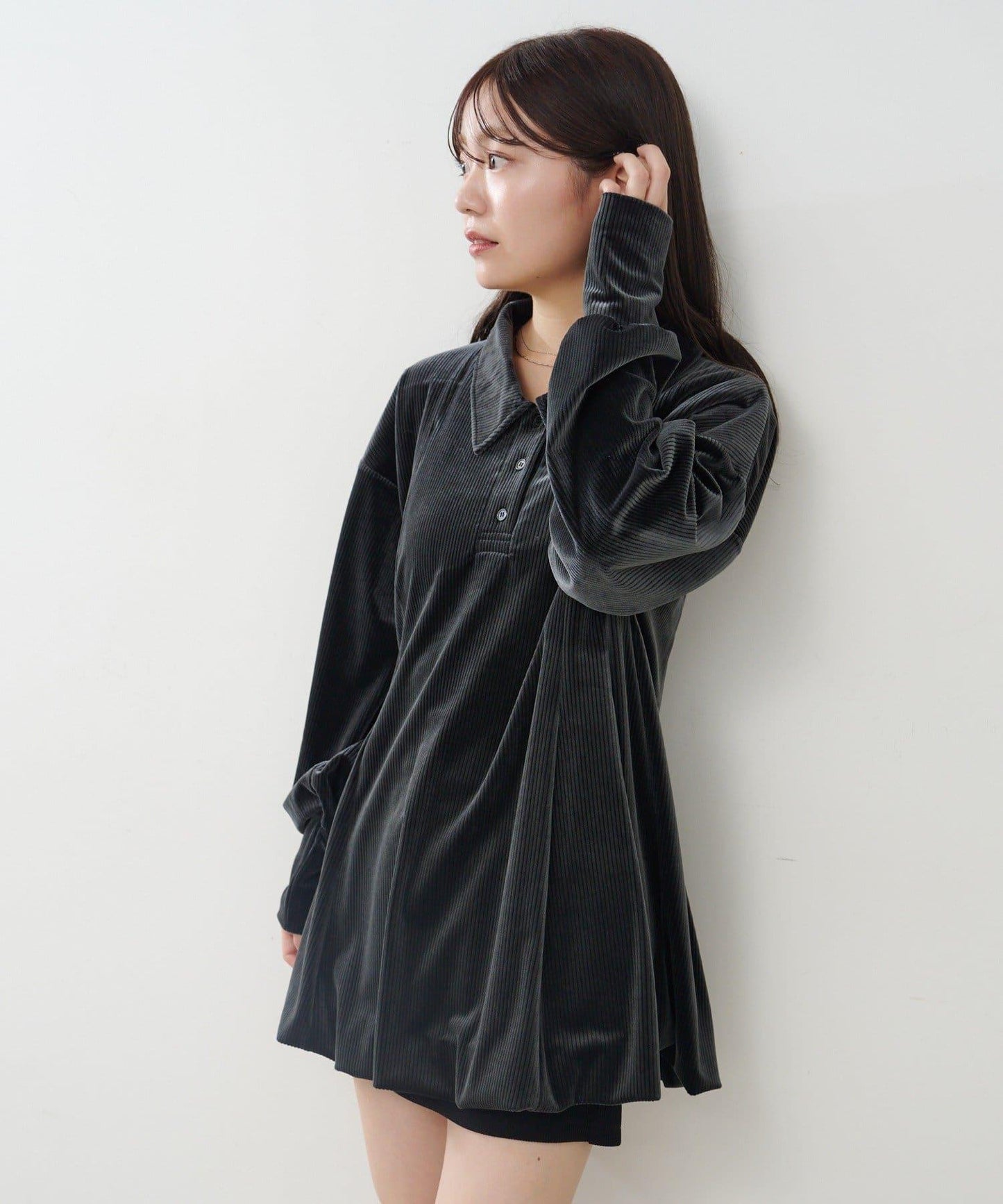 針織天鵝絨泡泡袖迷你連衣裙