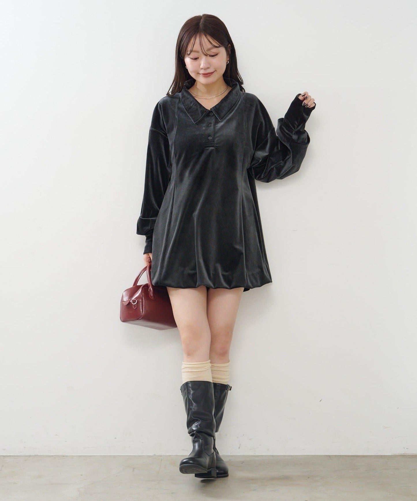 針織天鵝絨泡泡袖迷你連衣裙