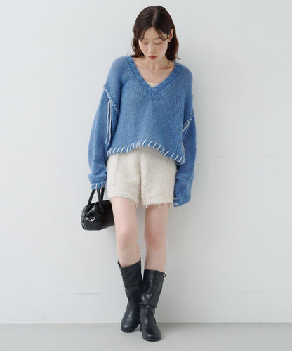 亮絲毛絨針織短褲