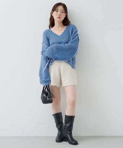 亮絲毛絨針織短褲