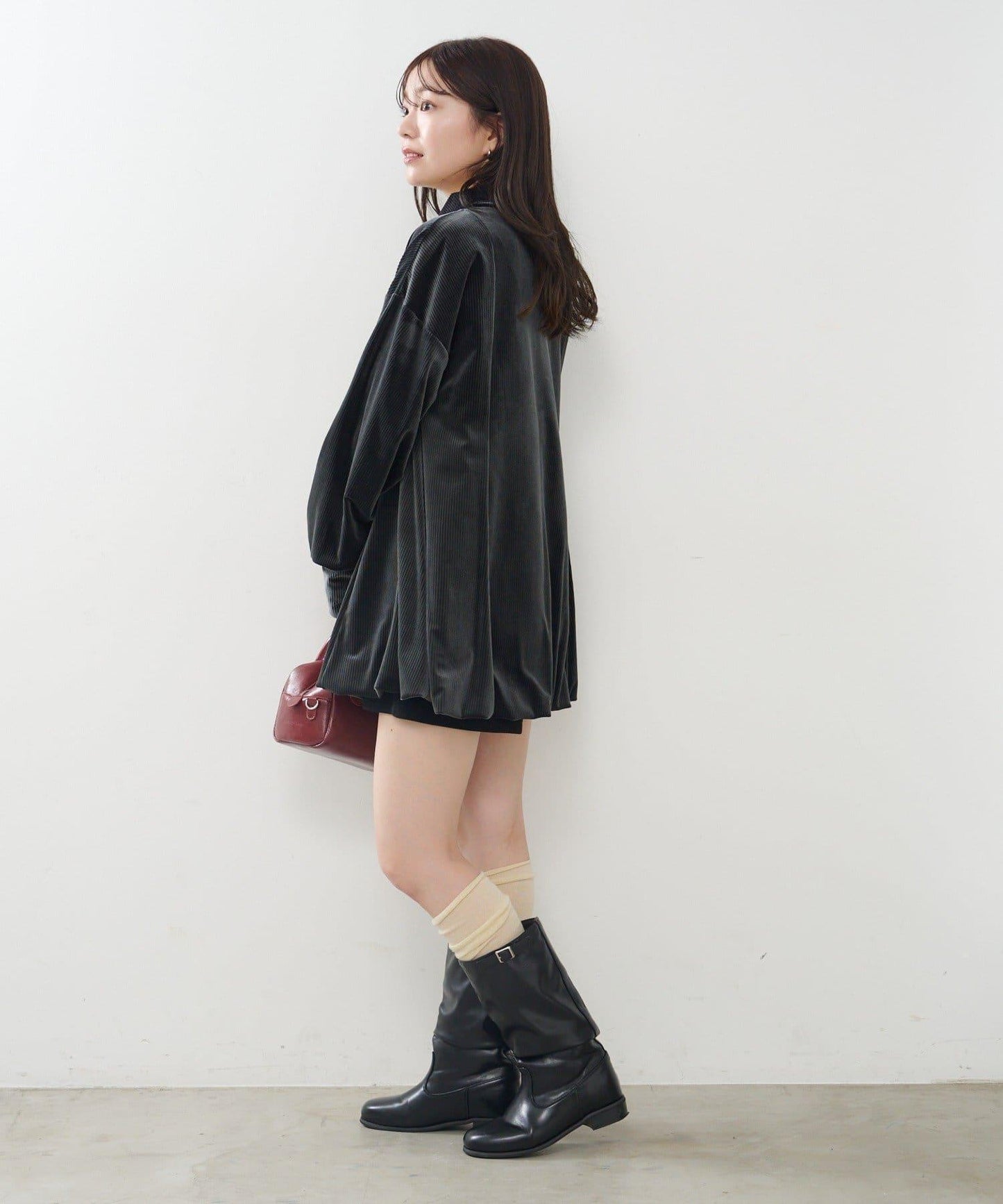 針織天鵝絨泡泡袖迷你連衣裙