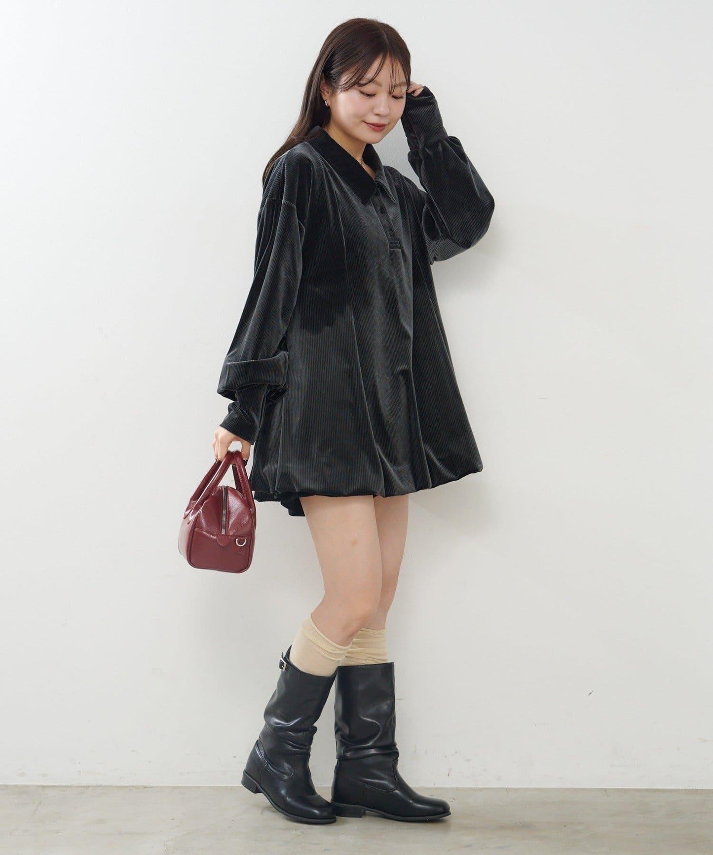 針織天鵝絨泡泡袖迷你連衣裙