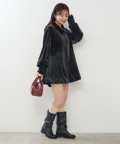 針織天鵝絨泡泡袖迷你連衣裙