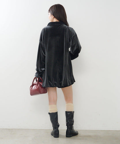 針織天鵝絨泡泡袖迷你連衣裙