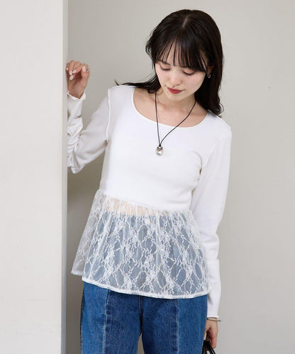 蕾絲拼接長袖T恤