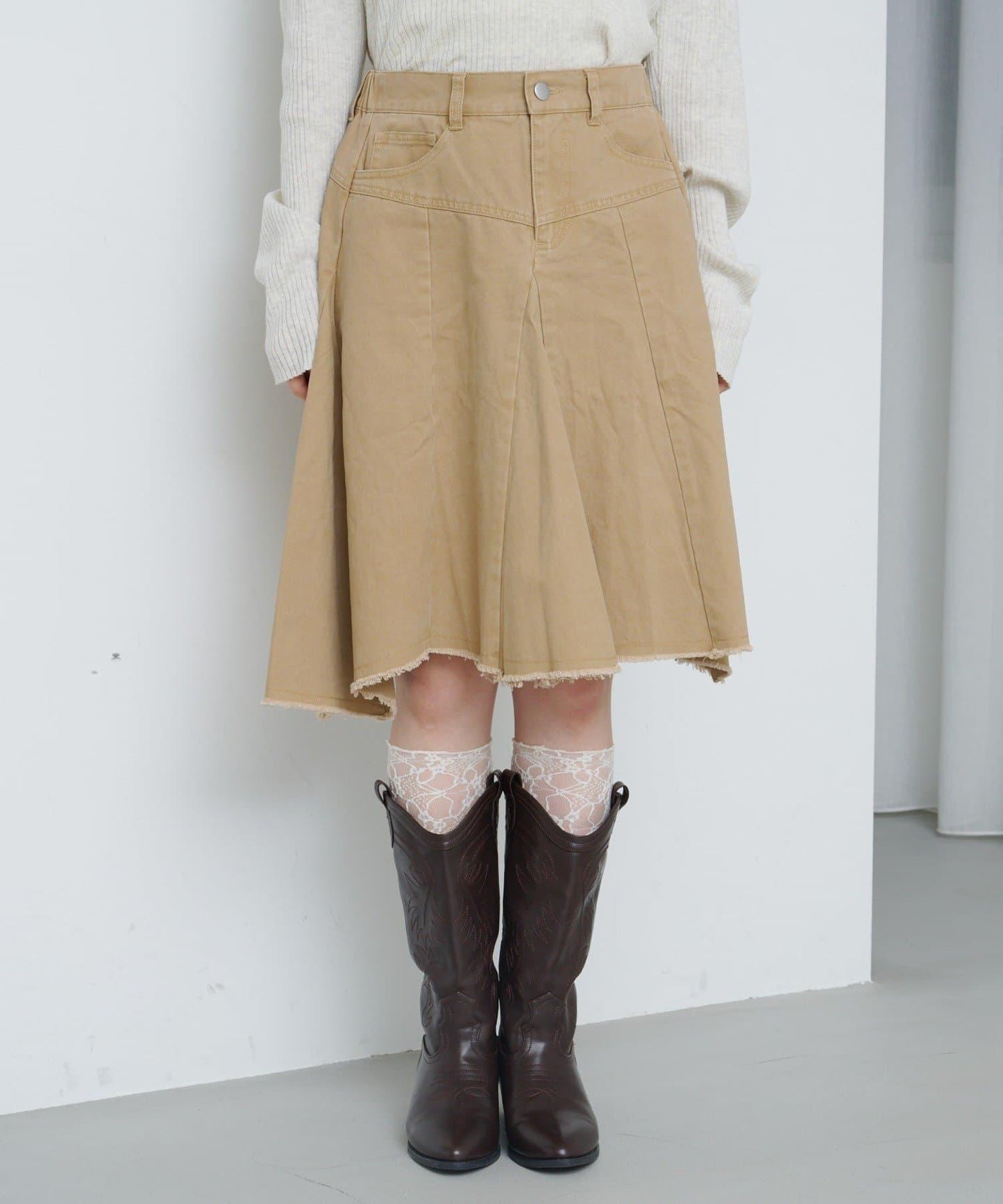 破洞不對稱中長裙