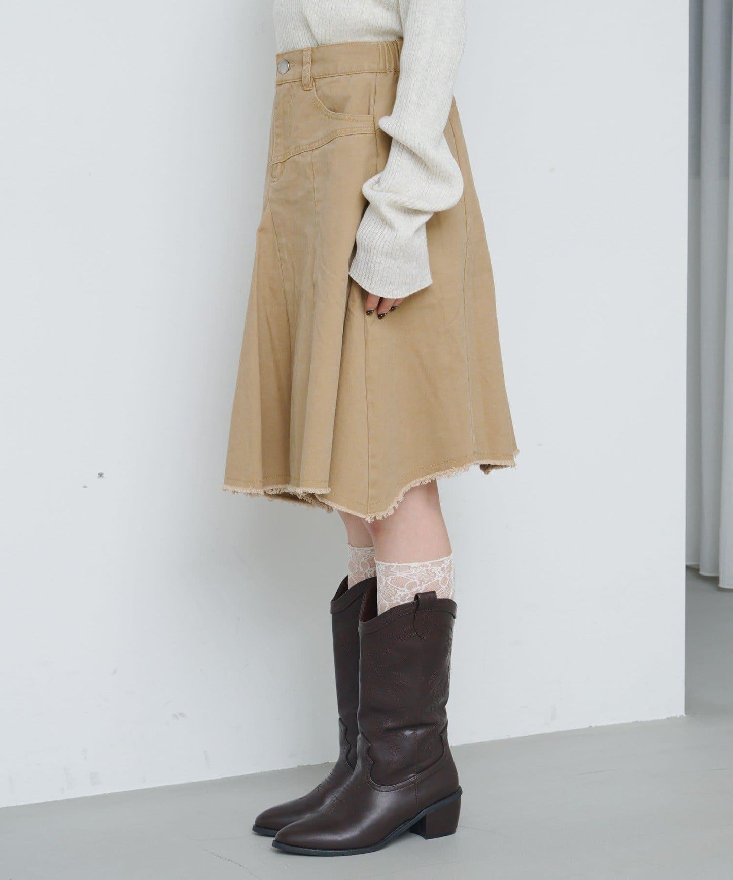 破洞不對稱中長裙