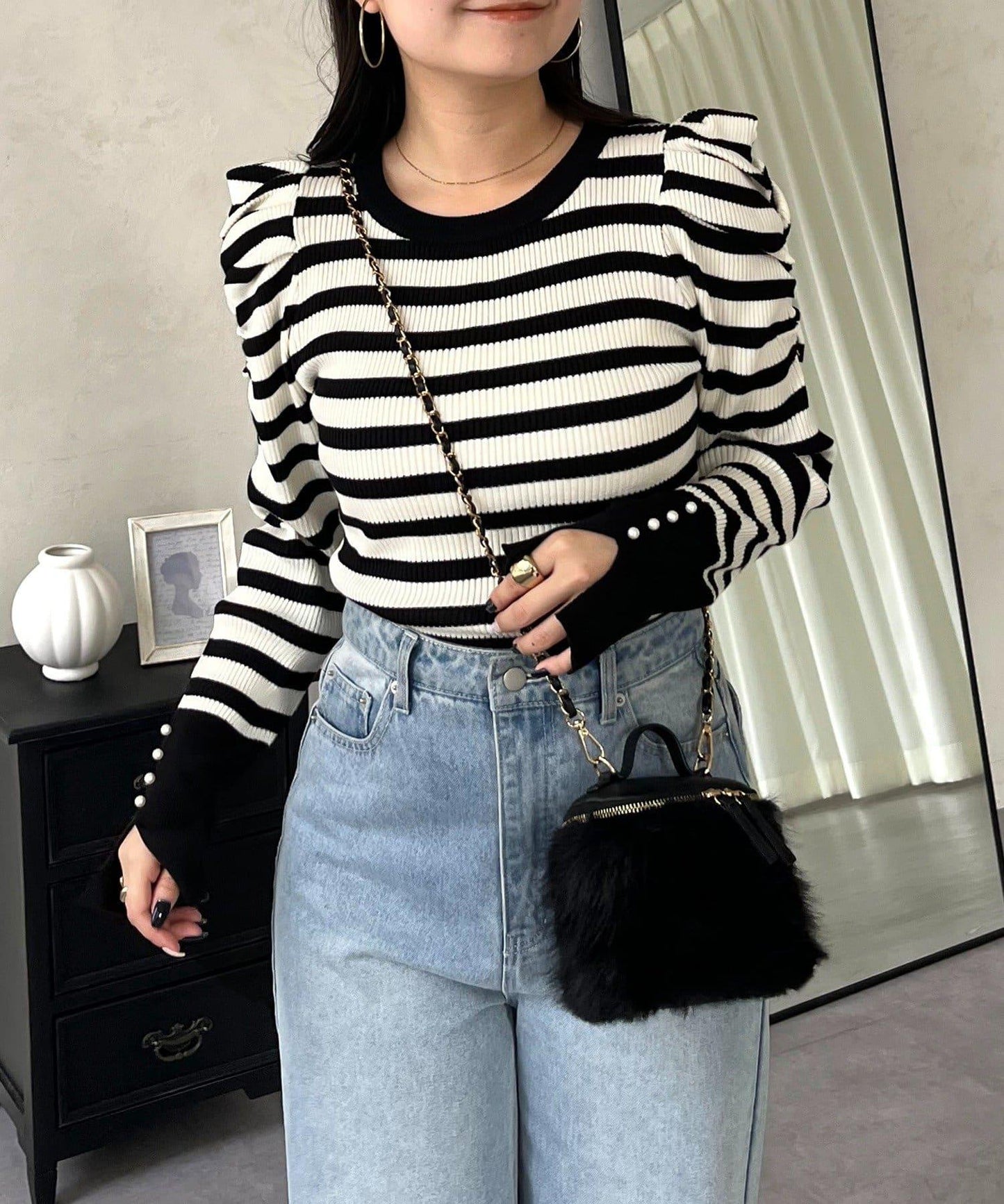 袖珍珠泡泡袖羅紋針織衫