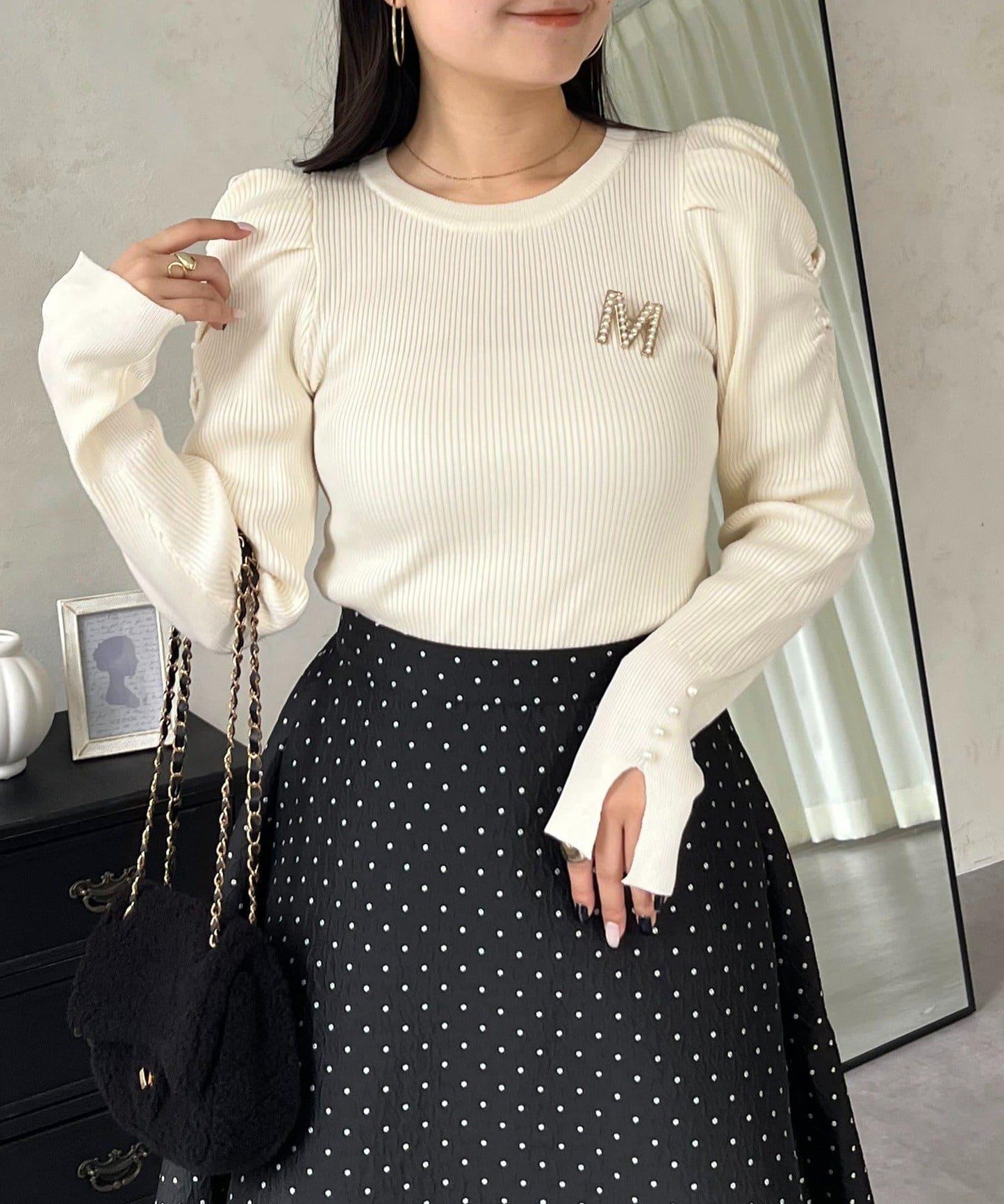 袖珍珠泡泡袖羅紋針織衫