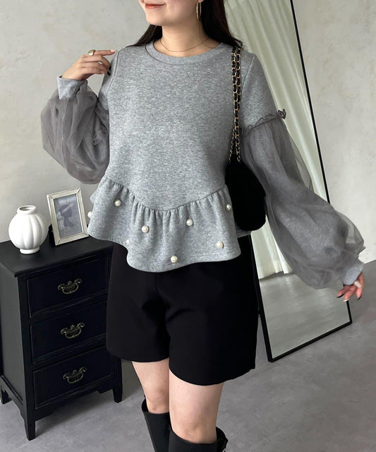 袖部網紗珍珠荷葉邊衛衣