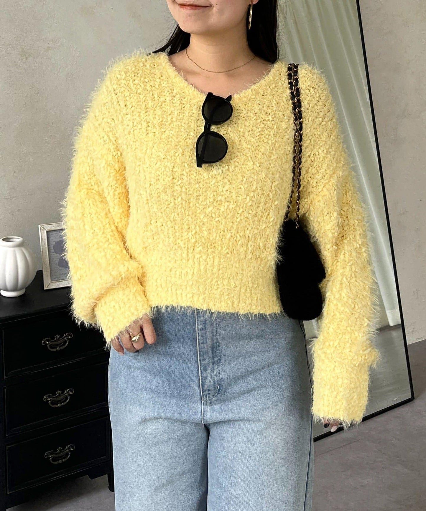 爆米花質感V領針織衫