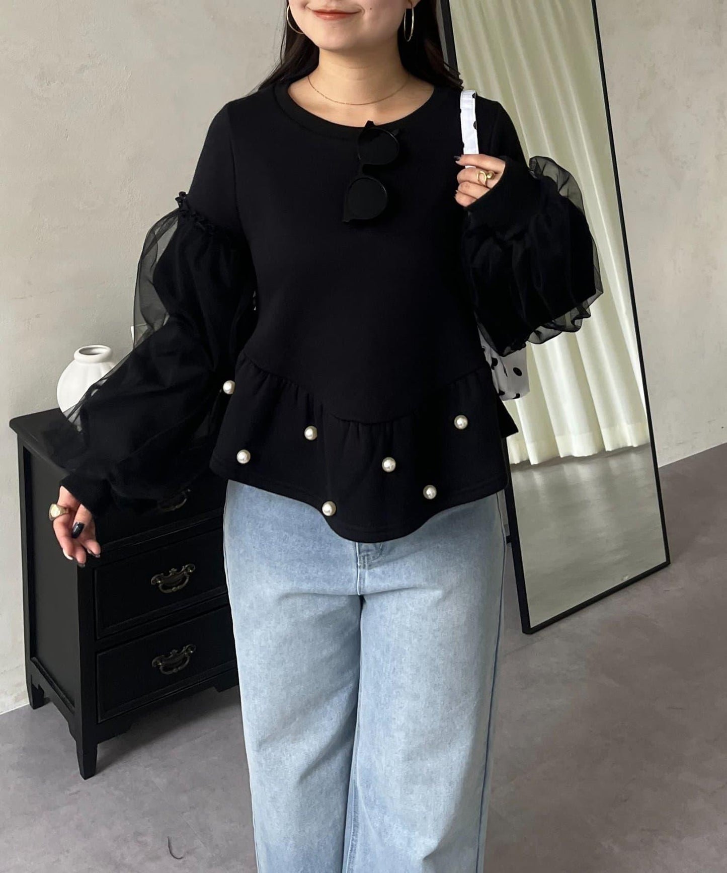 袖部網紗珍珠荷葉邊衛衣