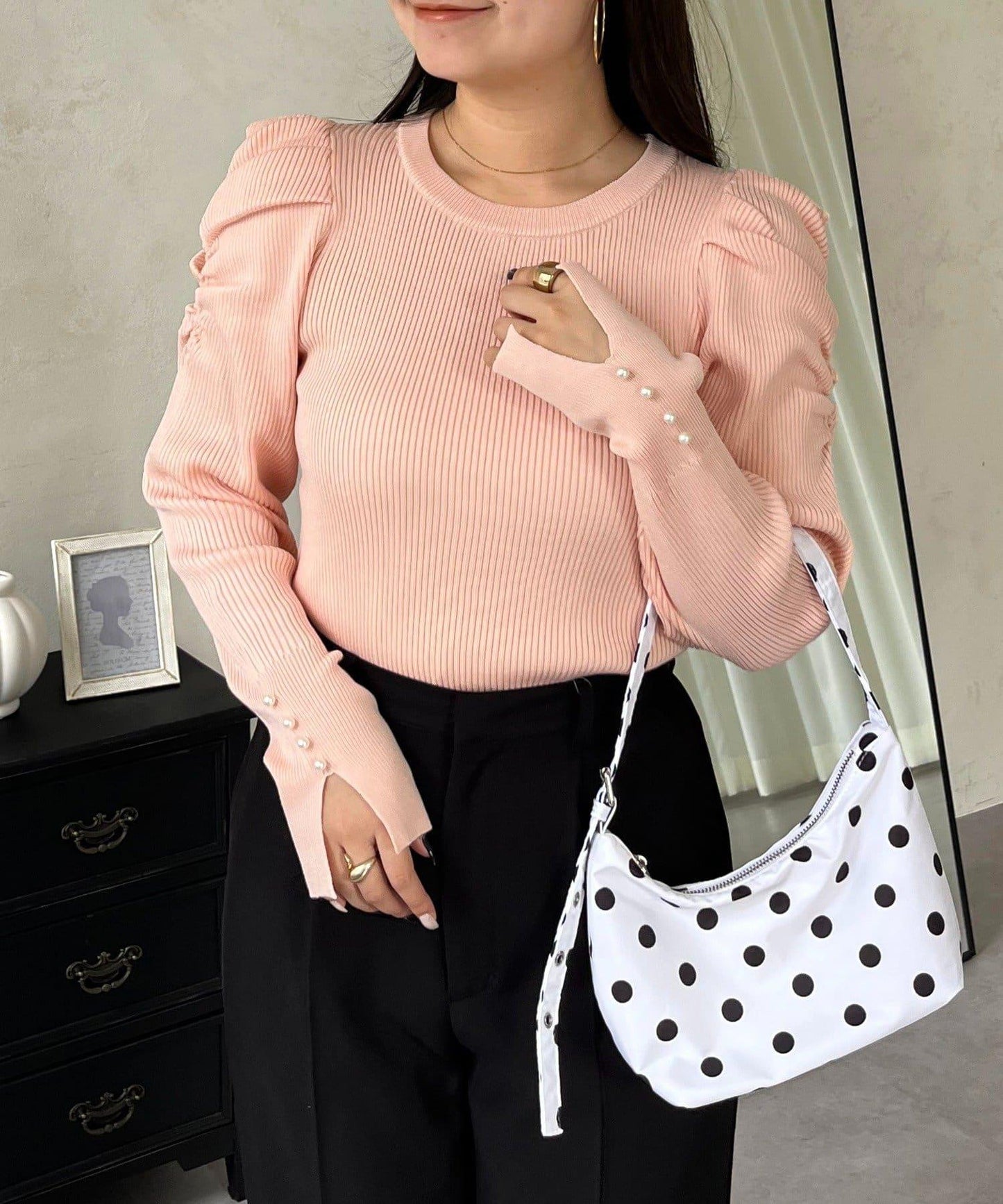 袖珍珠泡泡袖羅紋針織衫