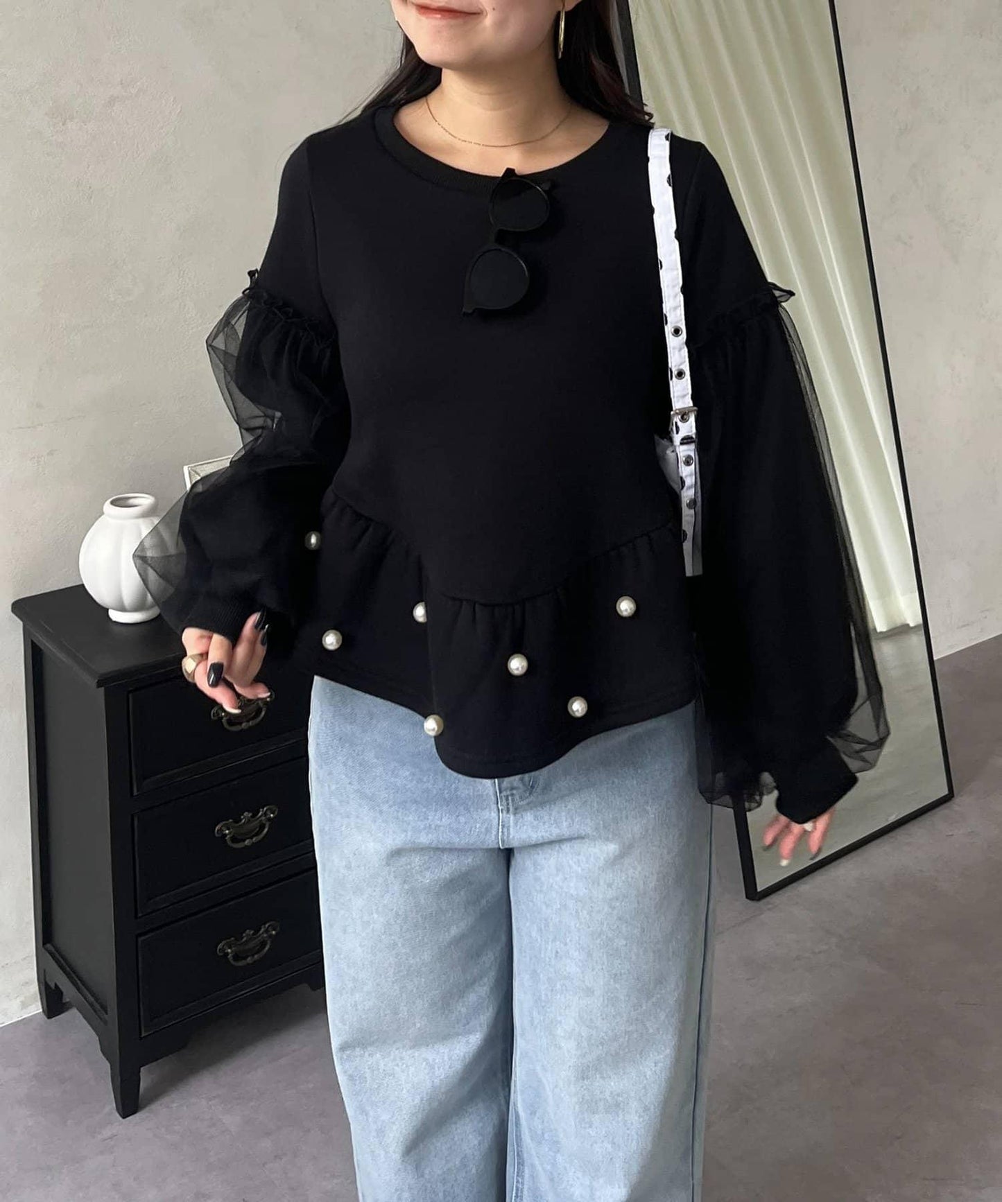 袖部網紗珍珠荷葉邊衛衣