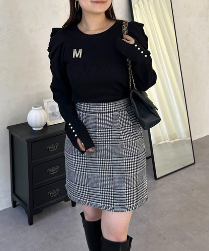 袖珍珠泡泡袖羅紋針織衫