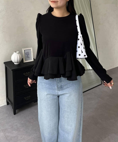 下襬荷葉邊磨毛羅紋針織上衣