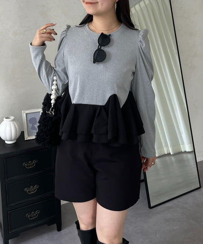 下襬荷葉邊磨毛羅紋針織上衣