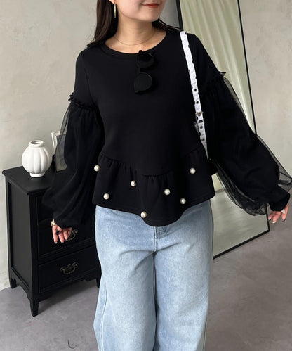 袖部網紗珍珠荷葉邊衛衣