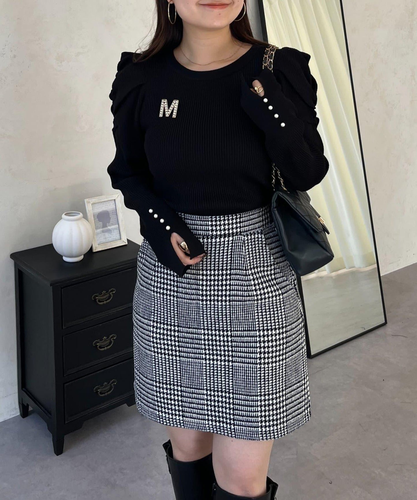 袖珍珠泡泡袖羅紋針織衫