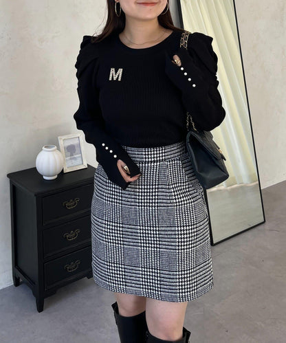 袖珍珠泡泡袖羅紋針織衫