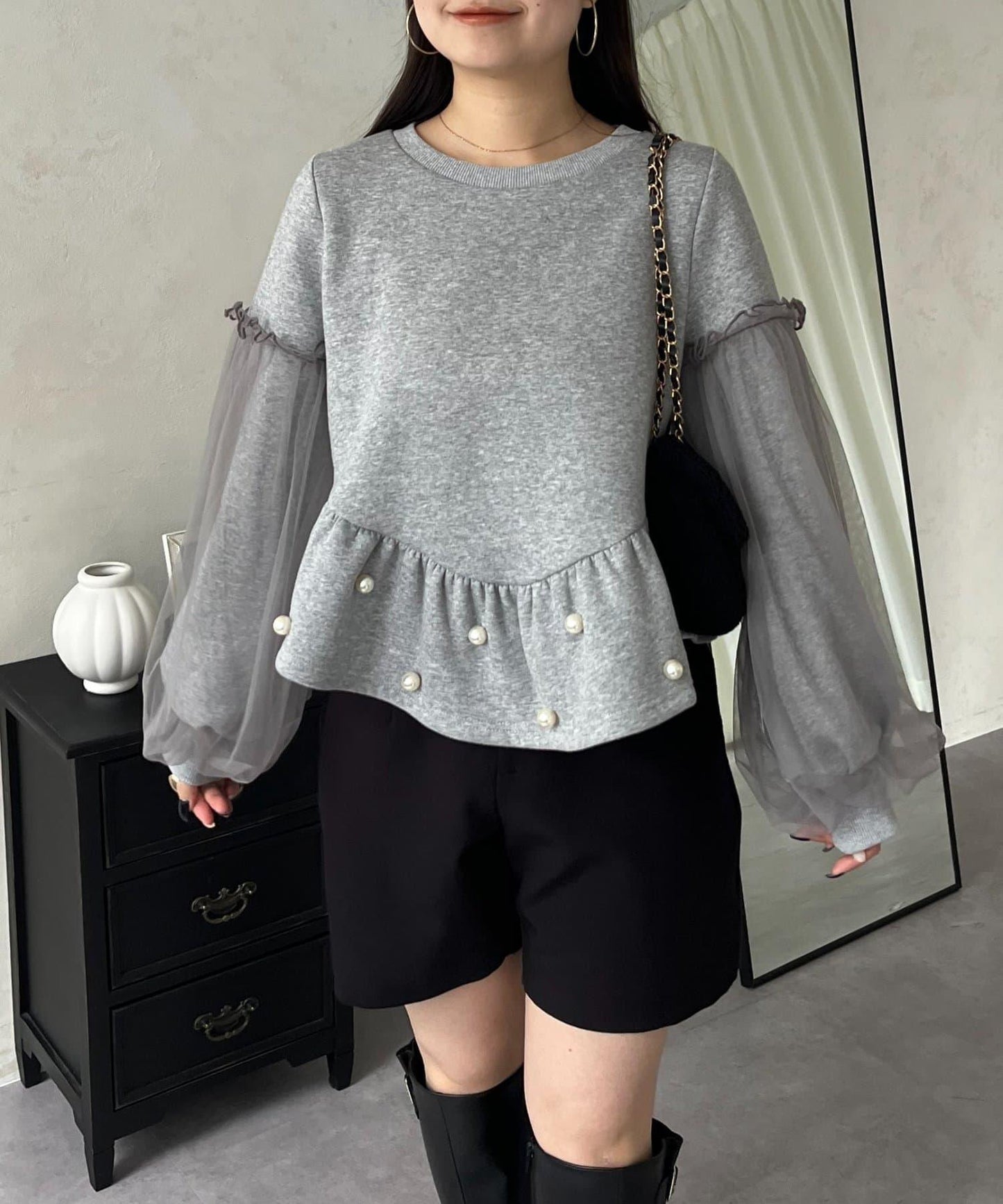 袖部網紗珍珠荷葉邊衛衣