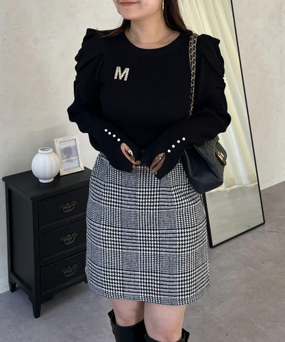 袖珍珠泡泡袖羅紋針織衫