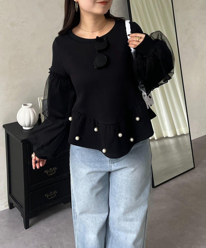 袖部網紗珍珠荷葉邊衛衣
