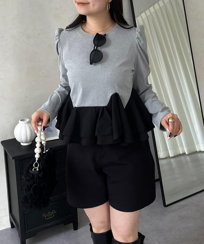 下襬荷葉邊磨毛羅紋針織上衣