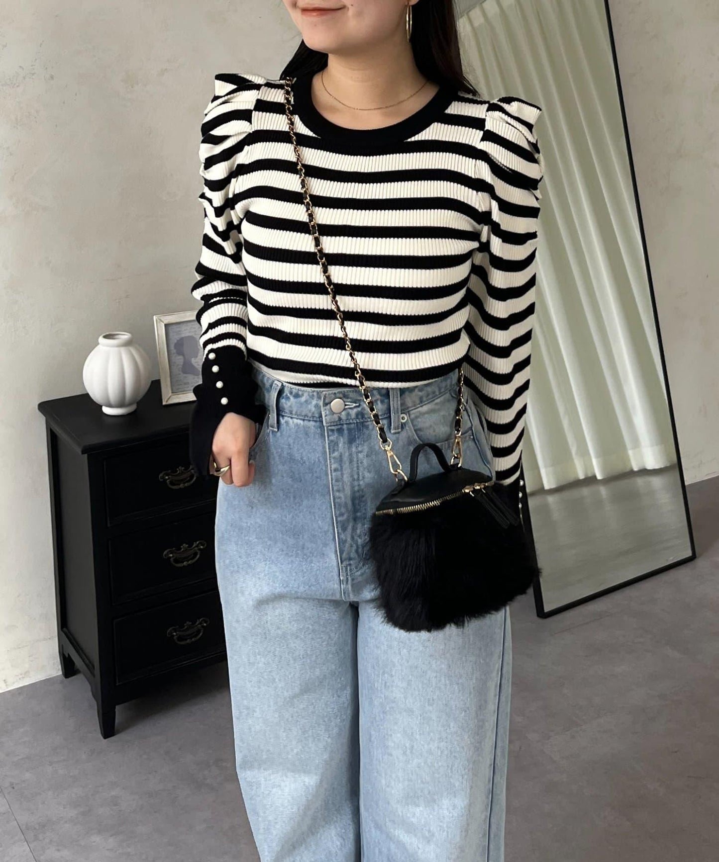 袖珍珠泡泡袖羅紋針織衫