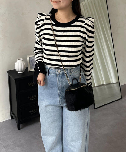 袖珍珠泡泡袖羅紋針織衫