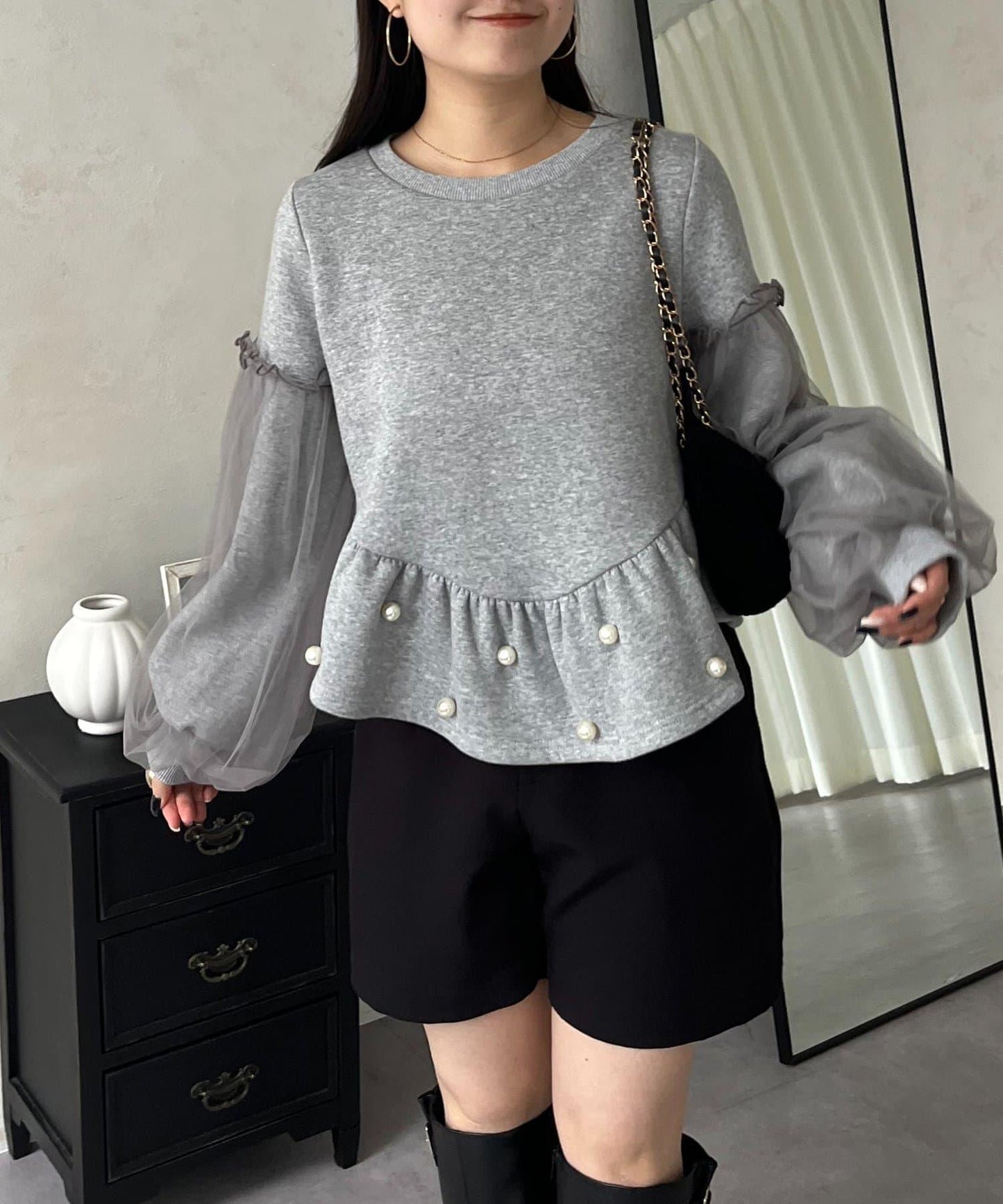 袖部網紗珍珠荷葉邊衛衣