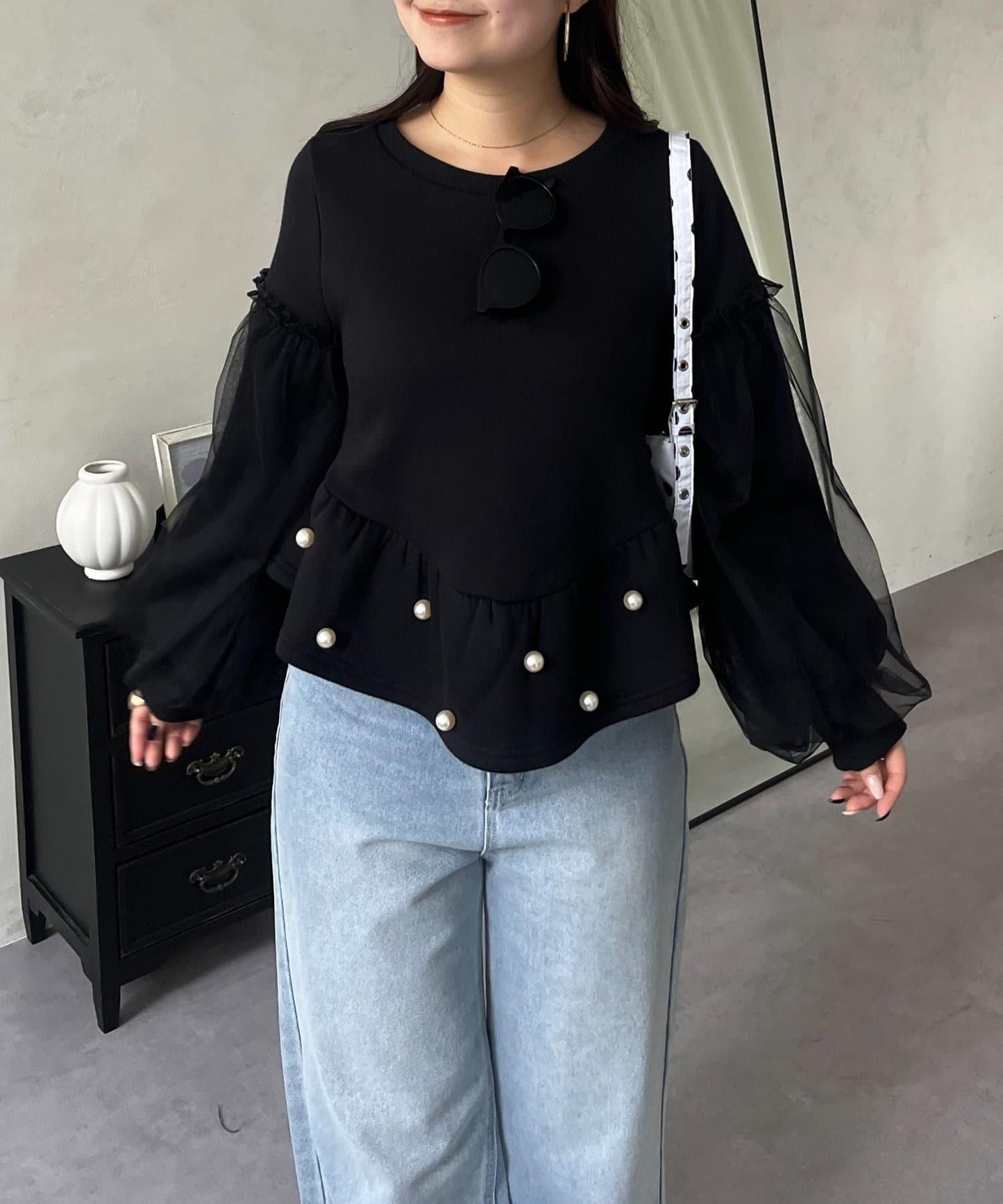 袖部網紗珍珠荷葉邊衛衣